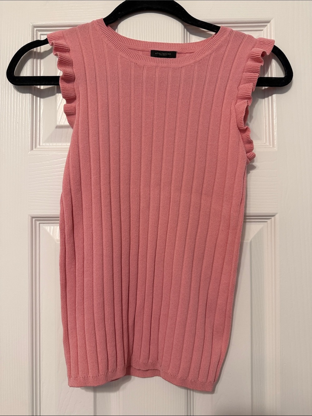 Ann Taylor Factory Pink Ribbed Ruffle Sleeve Tank Top